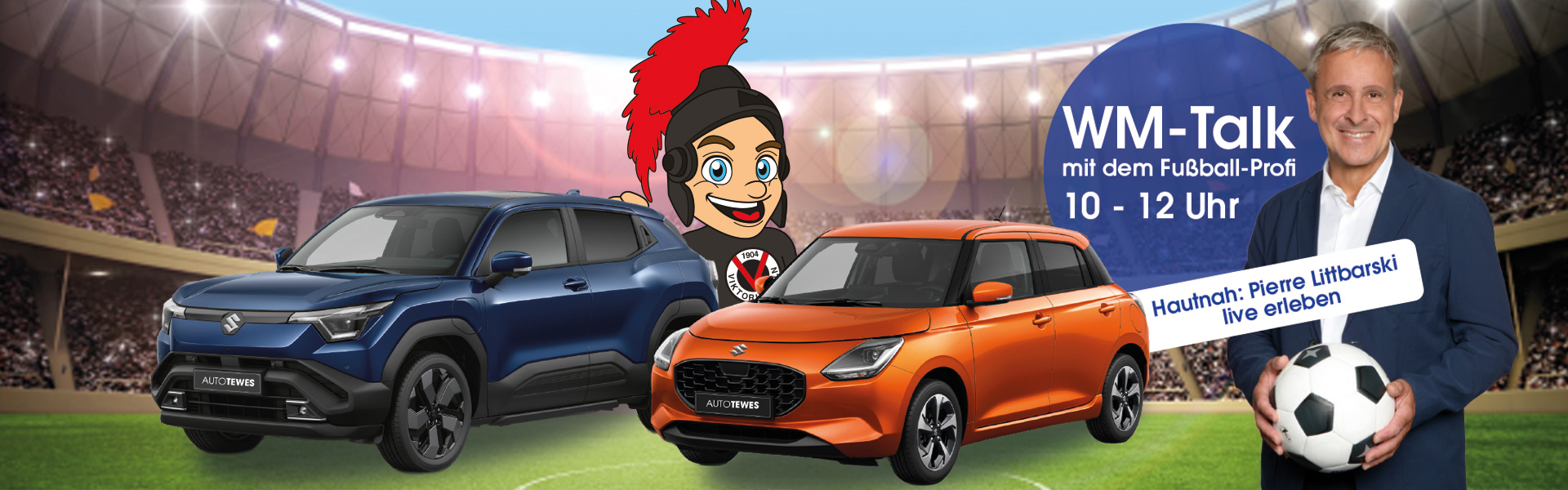 Suzuki e Vitara und Suzuki Swift in Fußball-Stadion daneben Foto von Pierre Littbarski